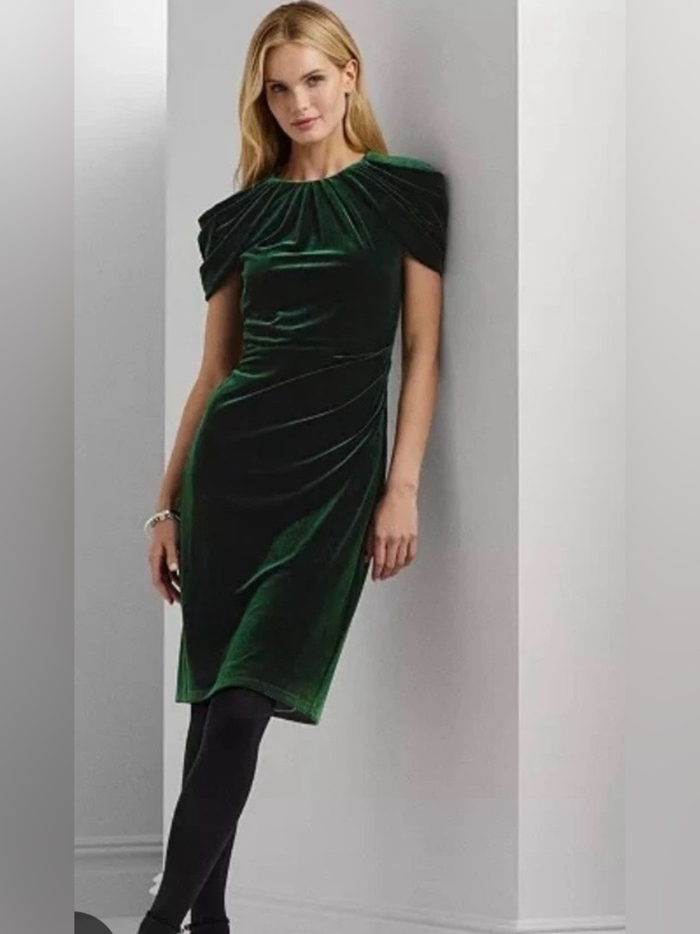 NWT Lauren Ralph Lauren Green Velvet Draped Sleeve Formal Dress XL